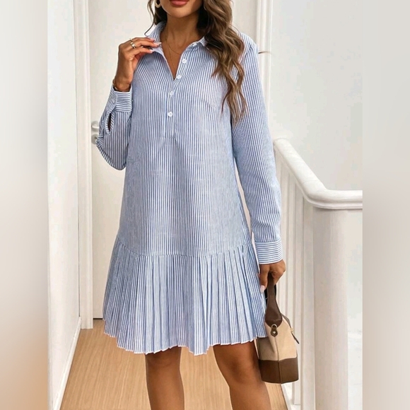 New Classic Striped Drop Waist Pleated Shirt Dress Blue White - Picture 2 of 8
